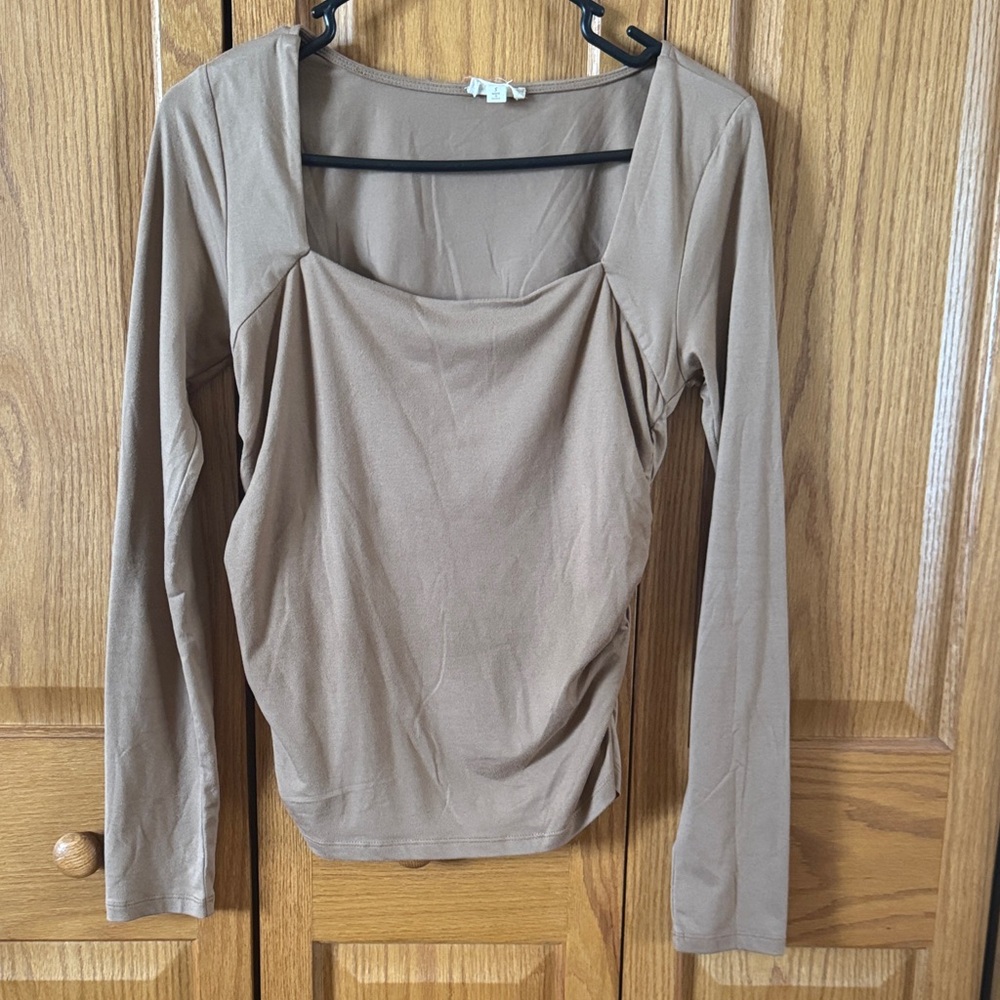 Hem & Thread Taupe Square Neck Long Sleeve Top